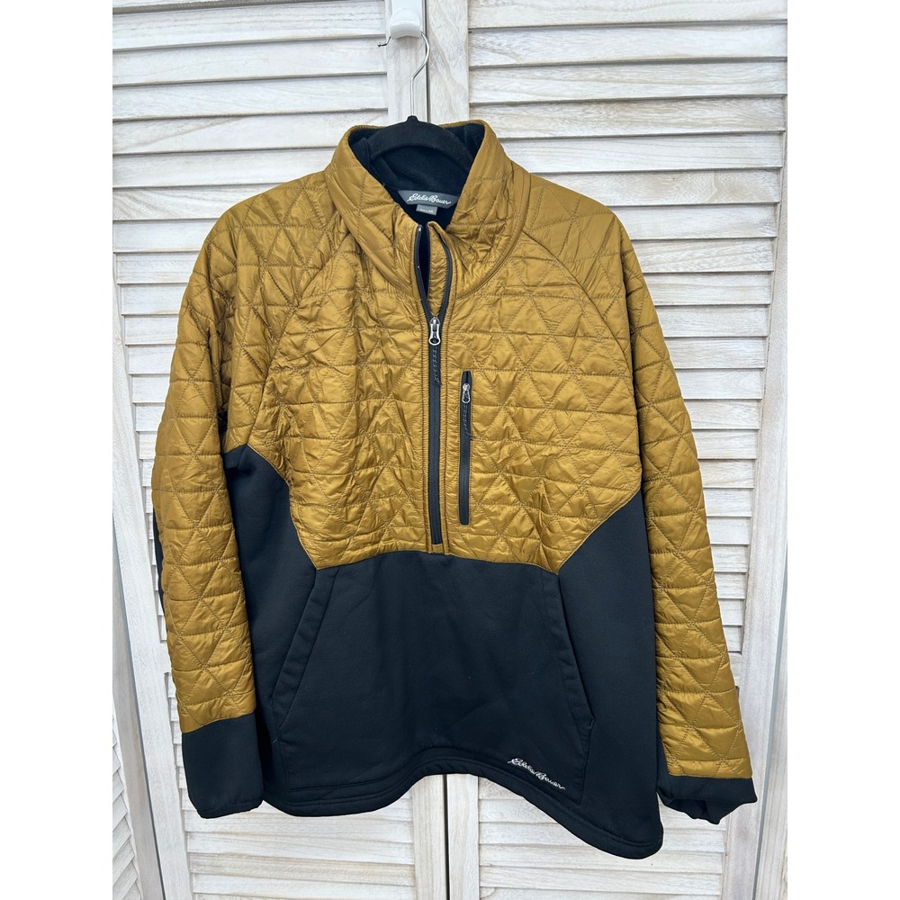 Eddie Bauer Pullover 2X Gold Black Womens Quilted Fleece Hybrid Jacket 3/4 zip